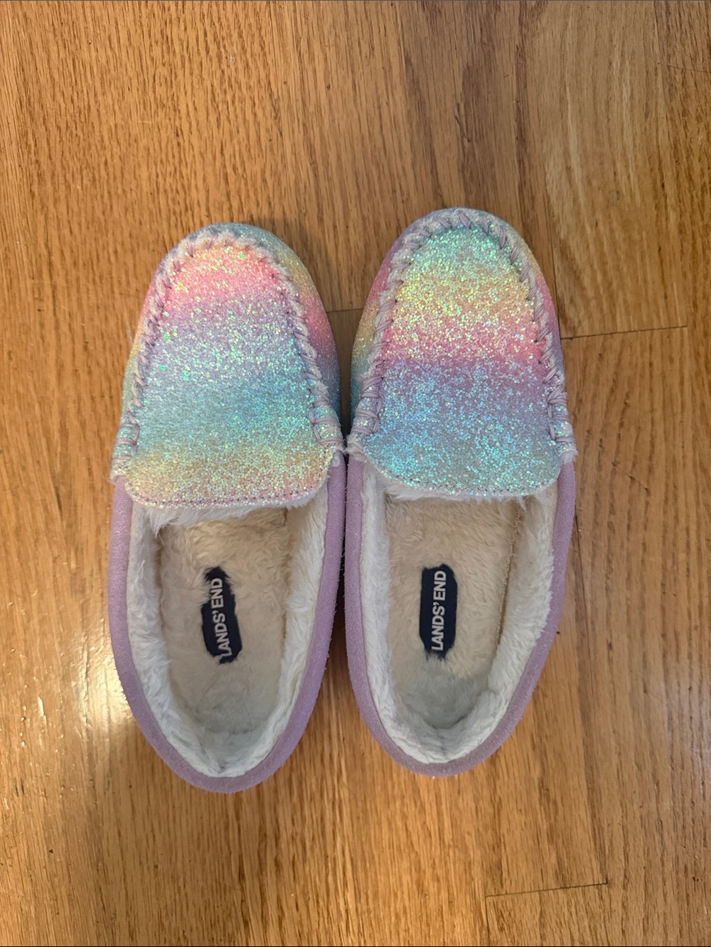 Lands' End Pastel Rainbow Glitter Moccasin Slippers